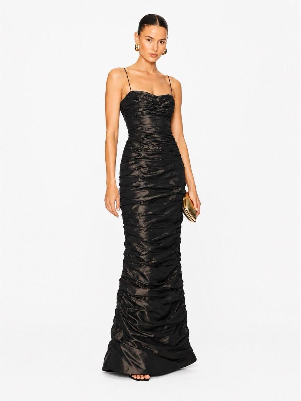 Teri Jon Rickie Freeman Ruched Taffeta Evening Gown Dress Black Size 14